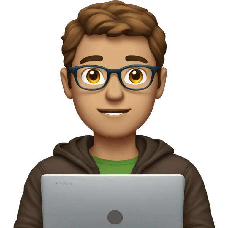 man blue eyes and short brown hair with clear glasses at his laptop emoji