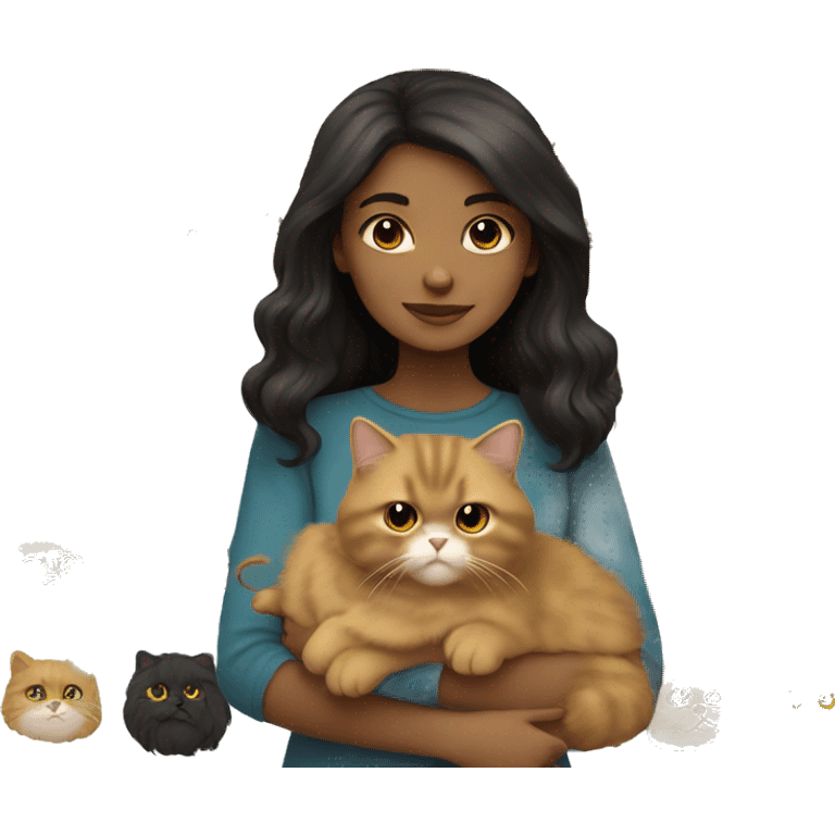 Dark haired girl holding fluffy dark golden persian cat emoji