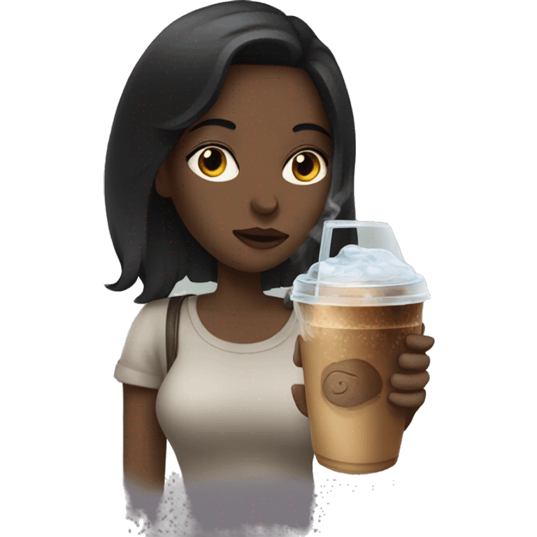 girl with dark hair smoking with an iced coffee emoji