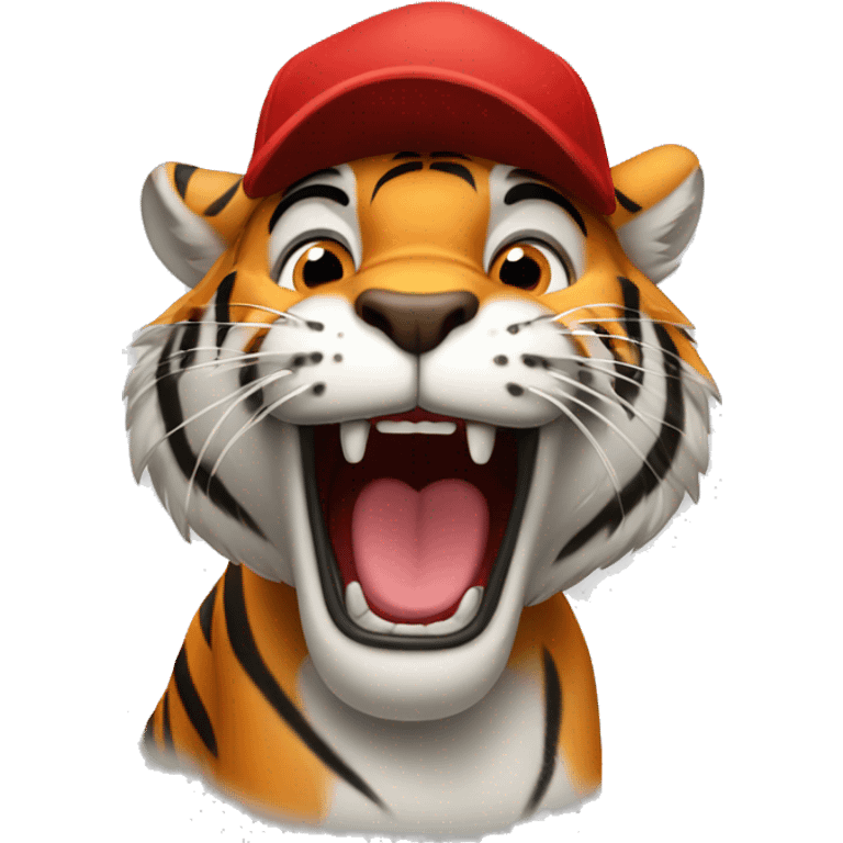 Excited tiger with a red cap which has letter "T" emoji