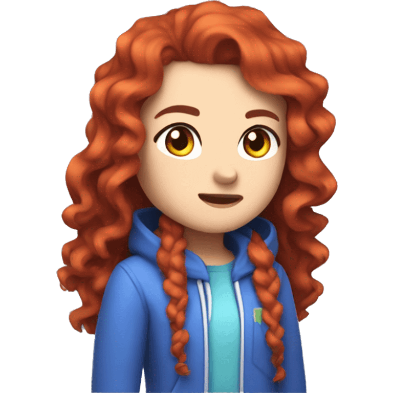 a white girl with long red curly hair, wearing periwinkle Minecraft hoodie playing a videogame emoji