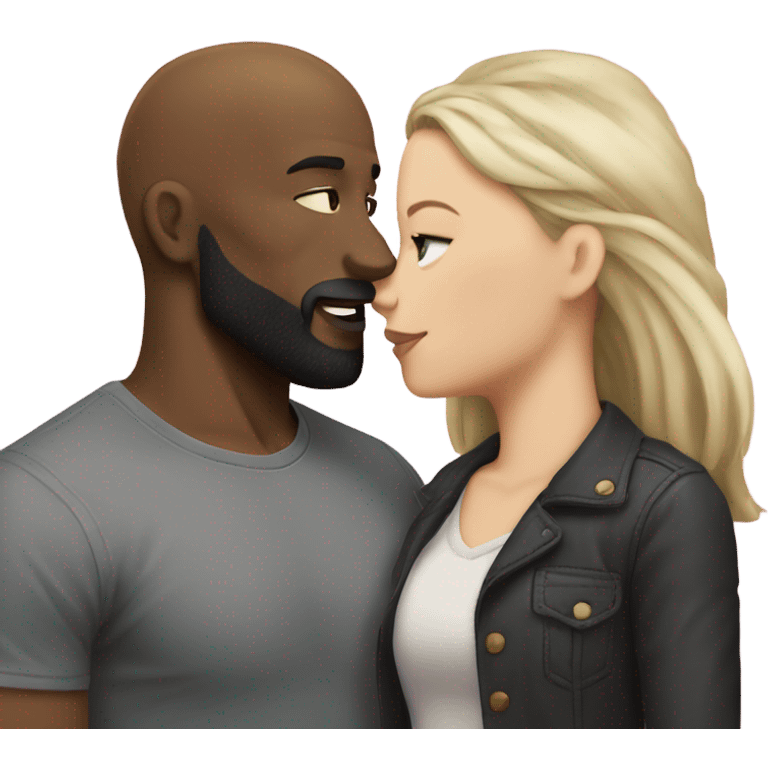 White girl dark hair kissing muscular black bald man with beard emoji