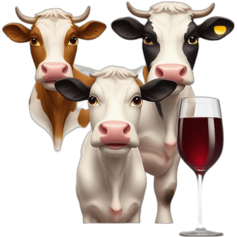 Three smiley cows with three glasses of wine emoji