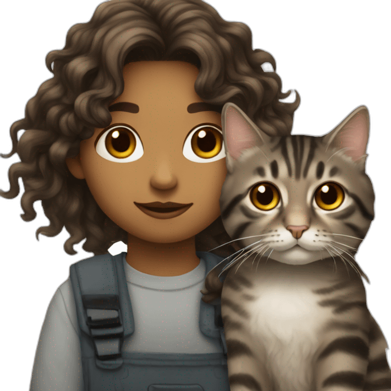 Young artist with long dark wavy hair and a tabby cat emoji