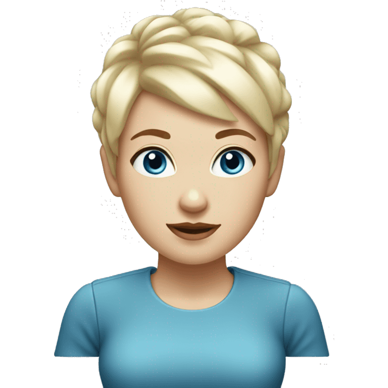 White woman with blonde hair, short pixie bangs, blue eyes emoji