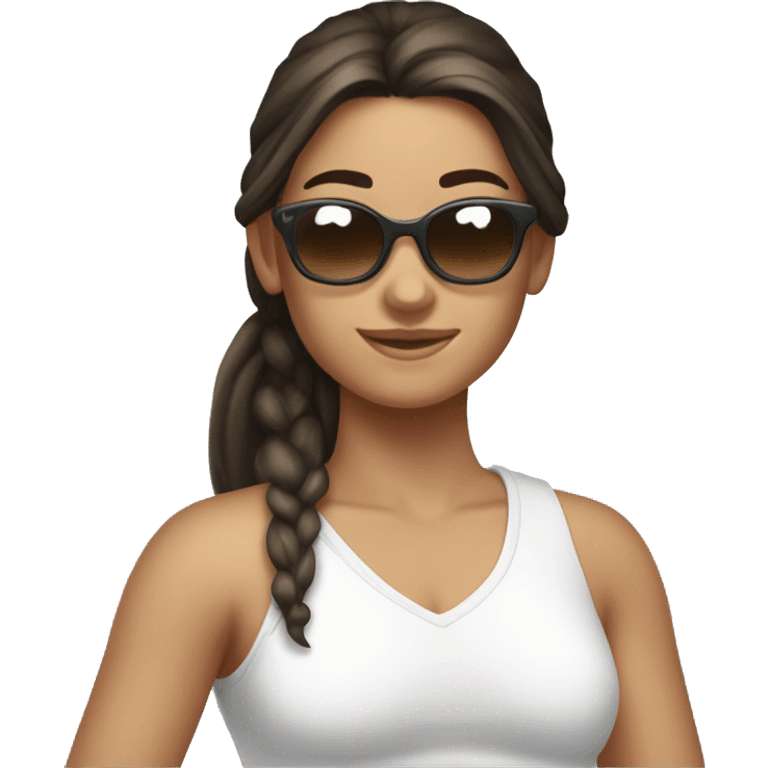 18 year old, Female, brunete, Pony tail, beach clothes, sungasses emoji