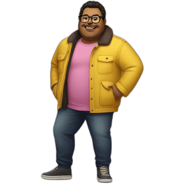 plus-sized man with dark hair, yellow long jacket, pink glasses. Show full lenght peson emoji