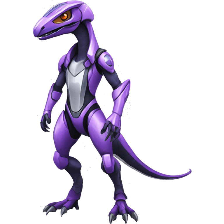 Shiny Velociraptor-Genesect-Fakémon-Pokémon wearing a with a futuristic cyber-helmet And suit Full Body emoji