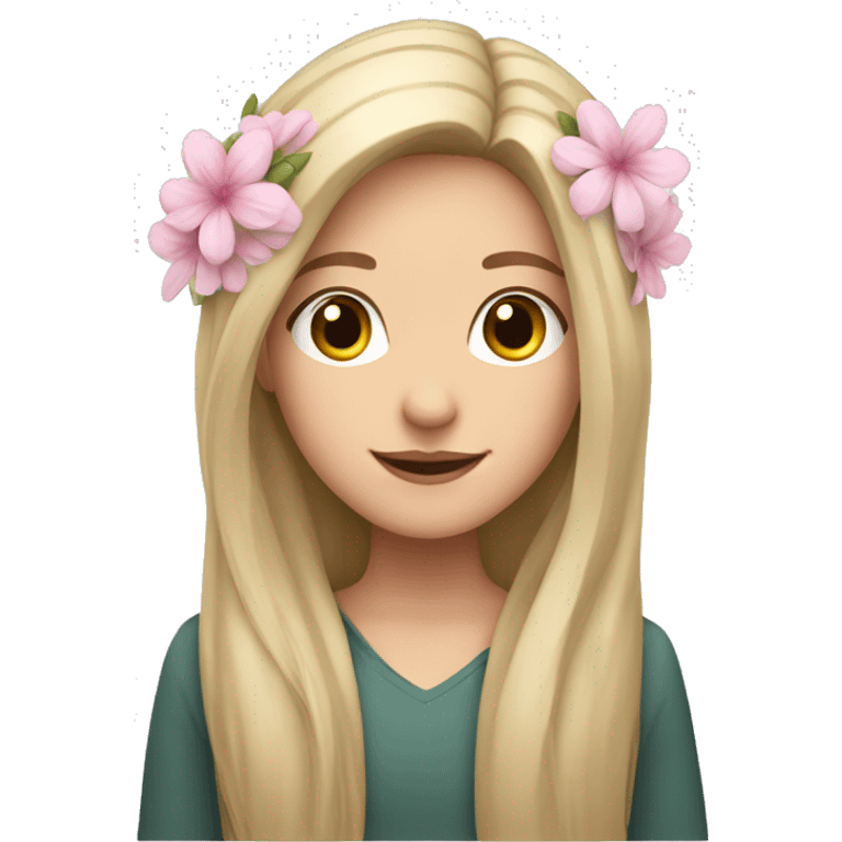 A white girl with long hair and soft pink flowers on ears emoji