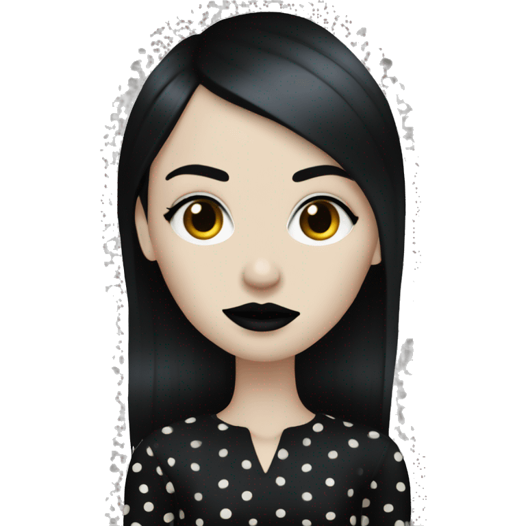 skinny pale goth woman with straight black hair black lips and black polka dot dress emoji