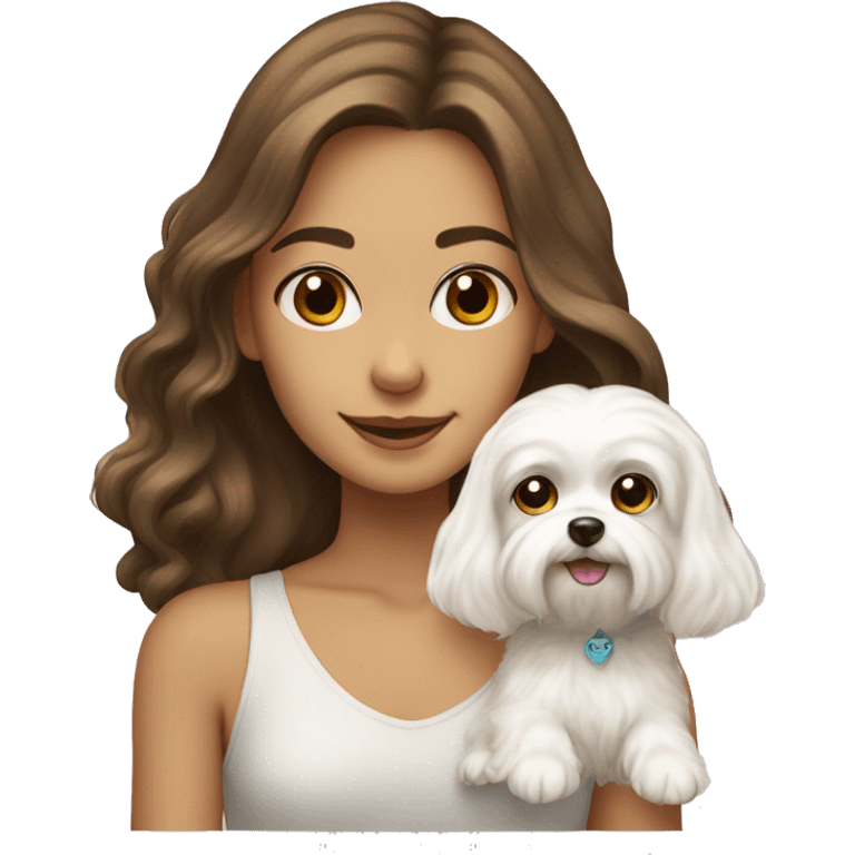 A girl with long wavy brown hair and brown eyes holds a small maltese white dog. emoji