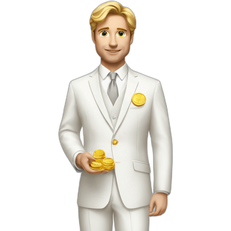 Posh-man-with-white-suit-holding-golden-coins emoji