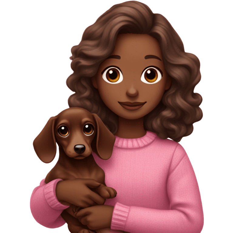 white girl with dark brown wavy hair in a pink sweater holds a dachshund chocolate and cream long haired puppy in her arms emoji