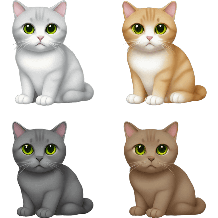 Scottish fold cat in grey with Green eyes + Brown british shorthair with Brown eyes sitting  emoji