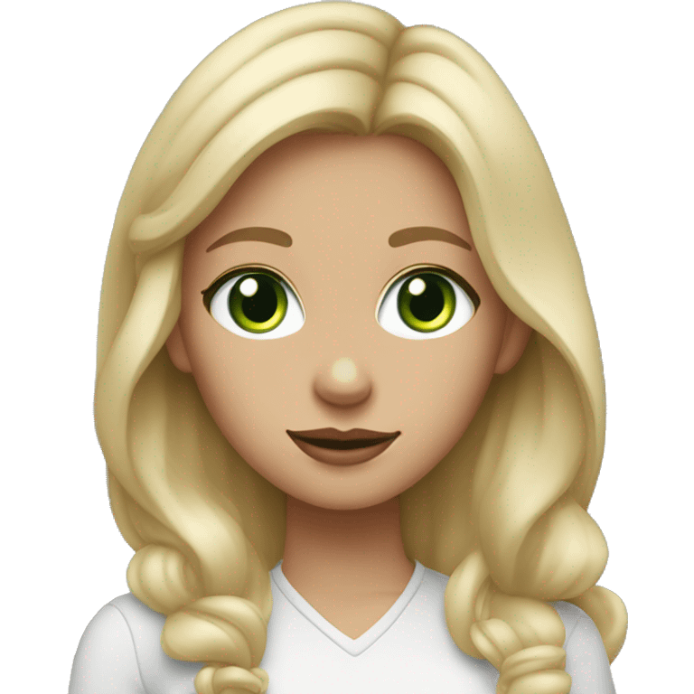 Blonde girl, green eyes, wearing AirPods and working on MacBook Air  emoji