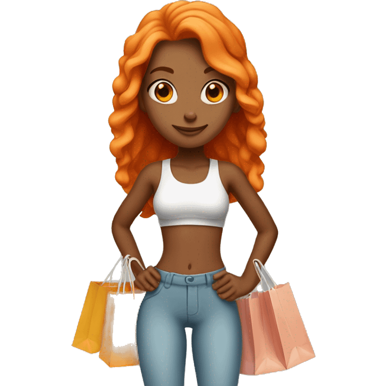 Tan girl with long orange hair wearing cute gym outfit holding shopping bags emoji