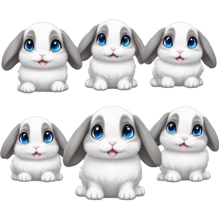 Generate a female holland lop rabbit with blue eyes and grey vienna markings emoticon sticker set with happy, sad, sleepy, excited, scared, worried, angry, confused, annoyed emotions emoji