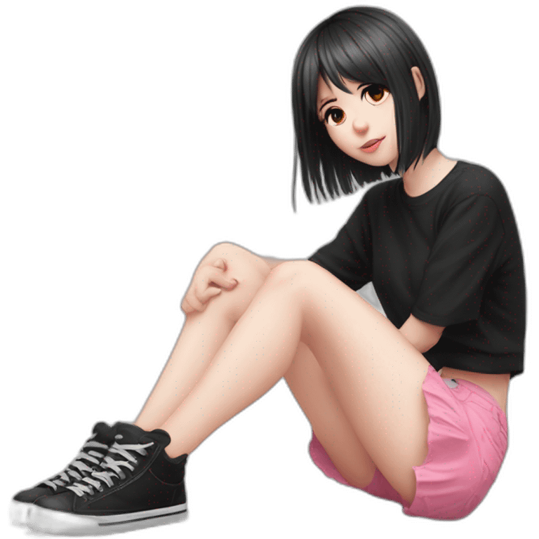 full body Front view emo girl sits on the floor black skirt pink knickers emoji