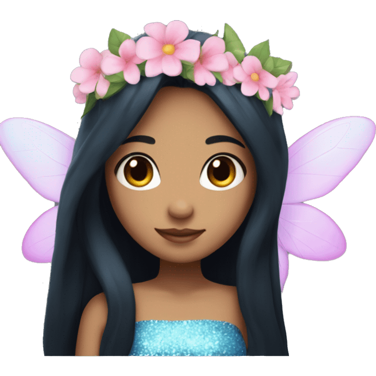 Fairy girl with straight long black hair, blue eyes, medium light skin, sparkly wings, a pink and blue dress and a flower crown emoji