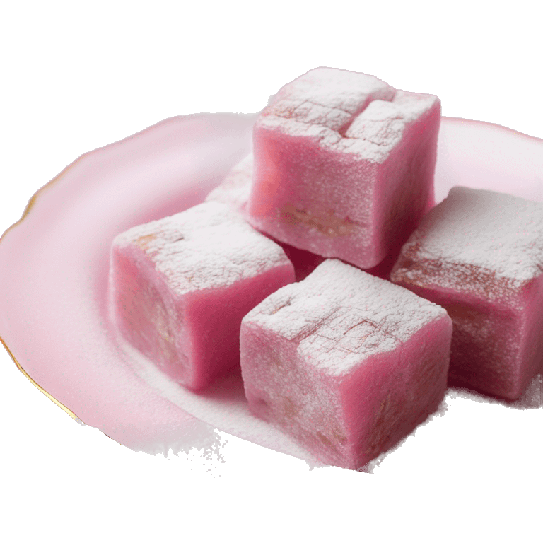 Turkish delight stacked cubes with chopped walnuts and covered with powdered sugar, on a pink porcelain plate emoji