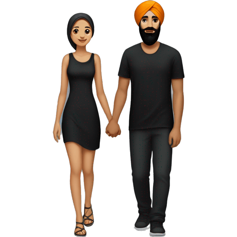 A male sikh, with a goatee and black clothes ,  holding hands with his girlfriend in a black sundress emoji