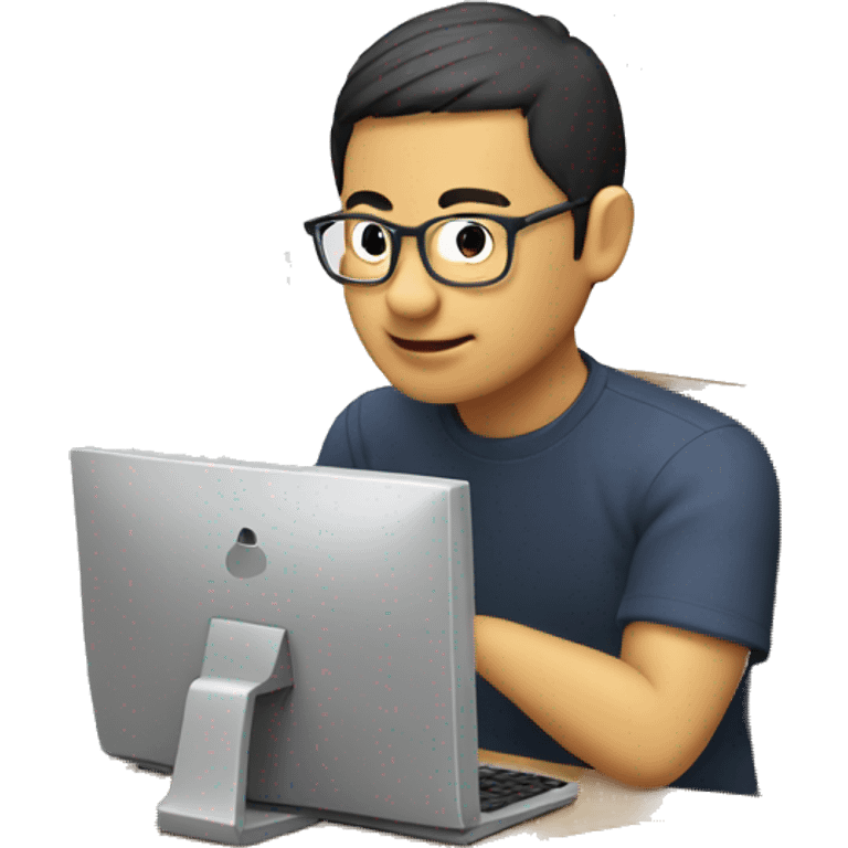 Make an image of an asian spectacle guy using his computer to do coding emoji