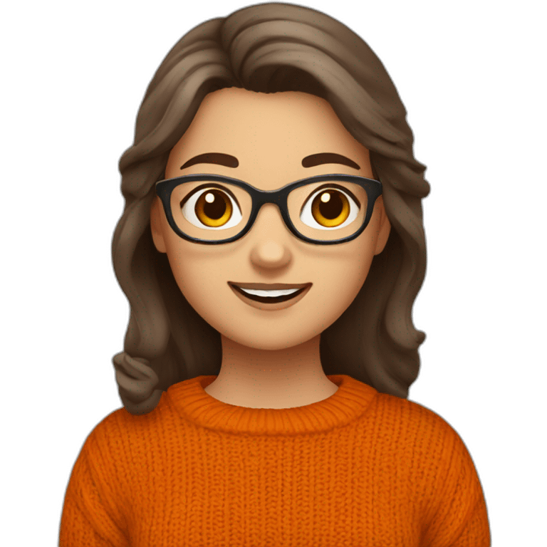 cute chubby girl with grey glasses brown hair waving wearing a dark orange sweater emoji