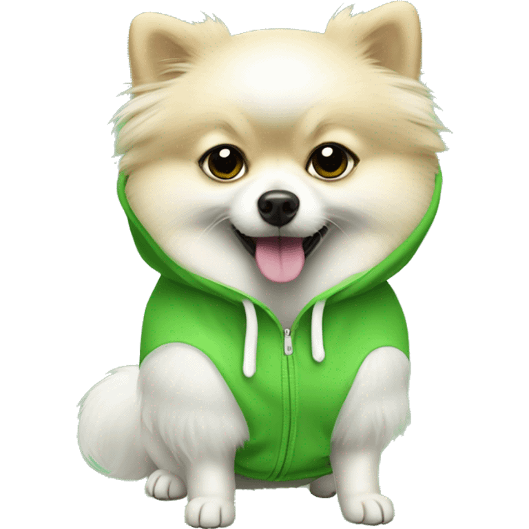 White Pomeranian wearing cucumber hoodie emoji