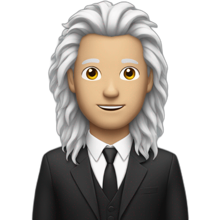 White man with black lion's mane hair and wearing a suit emoji