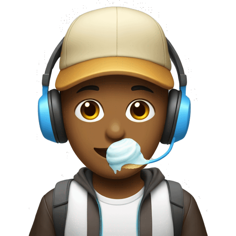 A boy wearing cap and headphones and eating ice cream  emoji