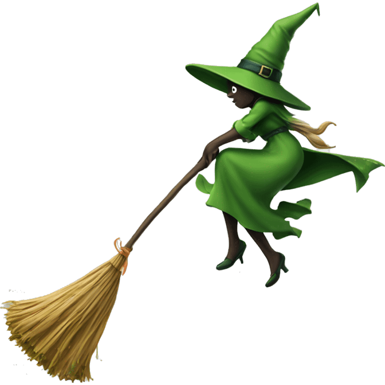 green witch facing right flying on a broom throwing candy. emoji