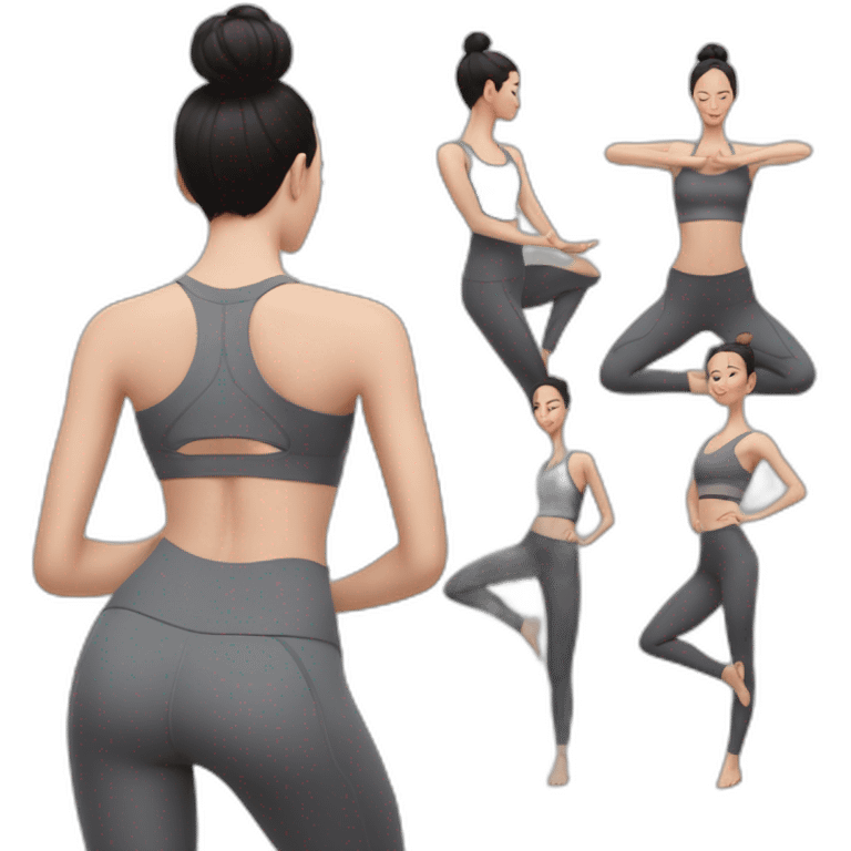 Pale skinned fit woman In a gray tight yoga suit and wristbands With black hair in a bun doing yoga emoji