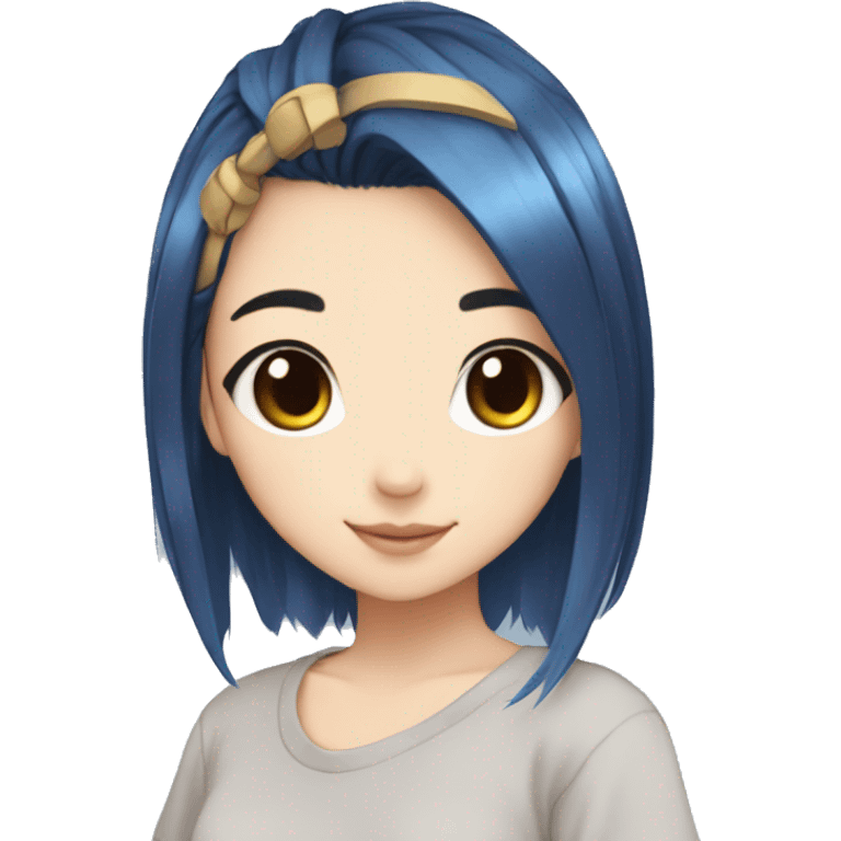 anime girl cute with black hair at the roots and blue hair at the ends, brown eyes emoji