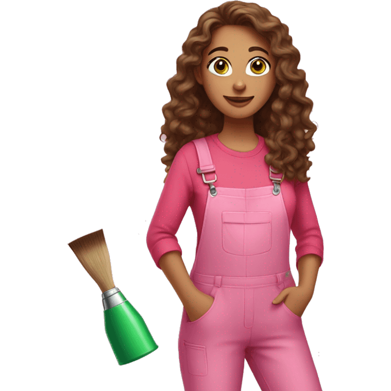 A woman with long brown curly hair, green eyes, wearing a pink overall and a paint brush with colorful paint emoji