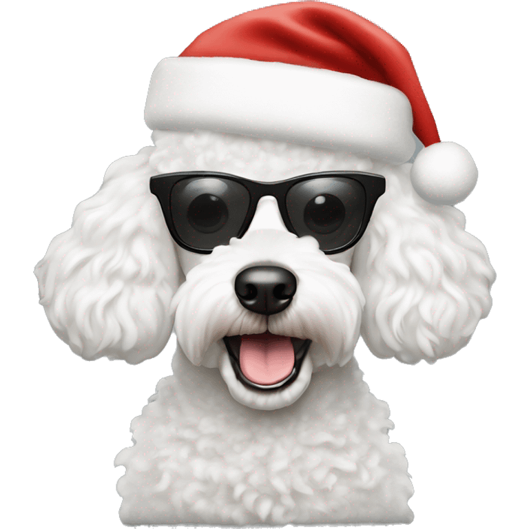 Create the face of white poodle wearing a santa hat and sunglasses emoji