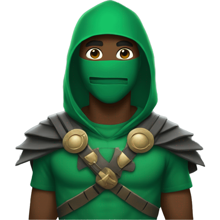 a black male with a green hoodie and maximus gladiator mask emoji