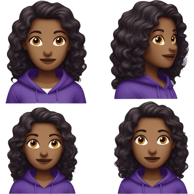 Forty year old woman with very dark brown long curly hair, blue eyes, wearing a purple hoodie emoji