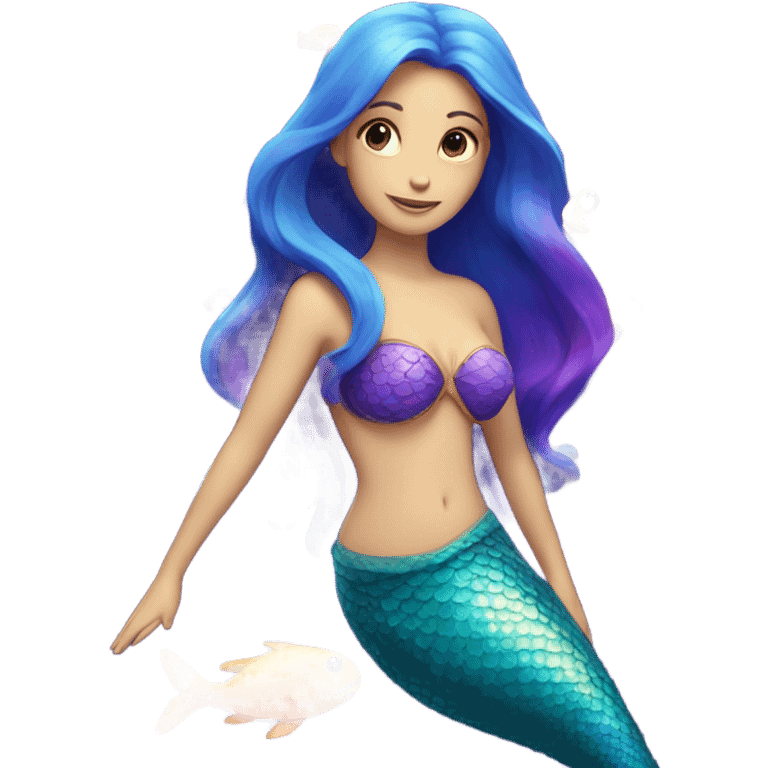 Mermaid with blue and purple tail surrounded by colourful fish emoji