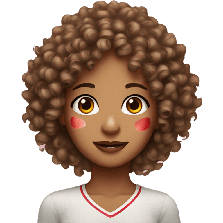 Curly haired with bright brown eye and a strawberry freckle on her right cheek emoji