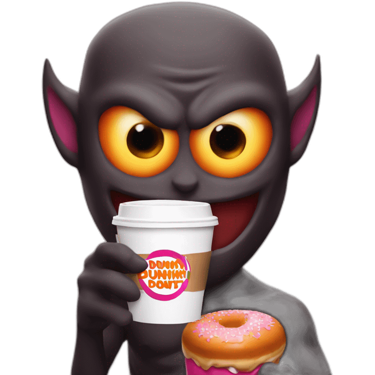 a demon holding a dunkin donuts coffee cup emoji