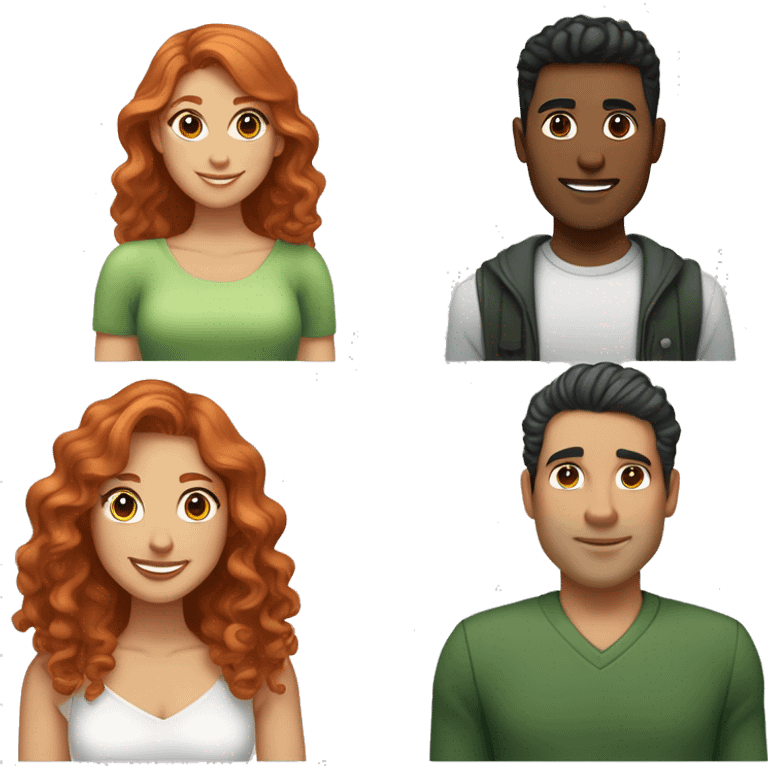 a woman with long curly red hair and light skin, wearing a green dress; and a man with short straight black hair, light brown skin, wearing a white shirt. Both should be smiling warmly and standing close together, embracing each other affectionately. emoji