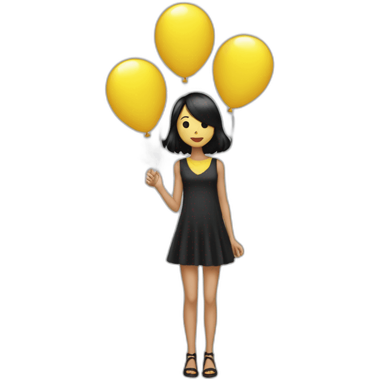 a thin girl with black straight hair, dressed in a short shiny dress, holds balloons in the shape of black and yellow hearts in her hands emoji