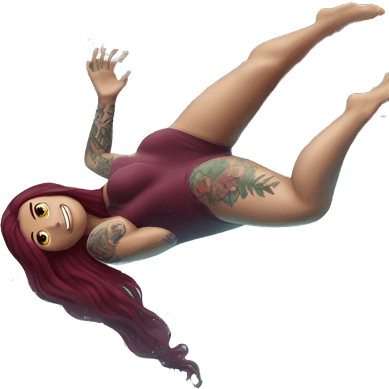 Beautiful tattooed  burgundy long haired woman swimming in a pool emoji