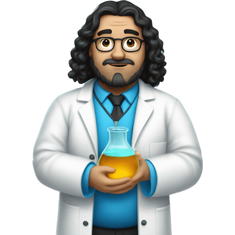 a white man fat chemist in a white coat with long wavy black hair holding a beaker with bright blue liquid, he has no glasses, no moustache emoji