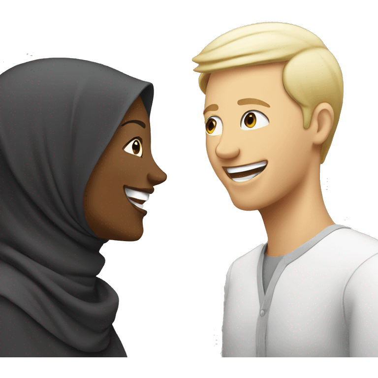 woman with hijab talking to laughing white man emoji