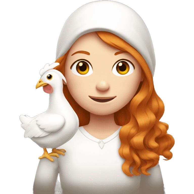 Ginger girl with Long hair and a white hen inside her Arms  emoji