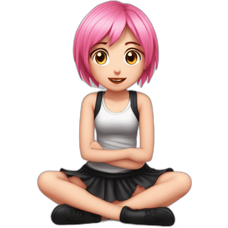 Full body Front view curvy emo girl pink hair sits on the floor straight view hands up black skirt белые трусики полосатые рваные чулки emoji