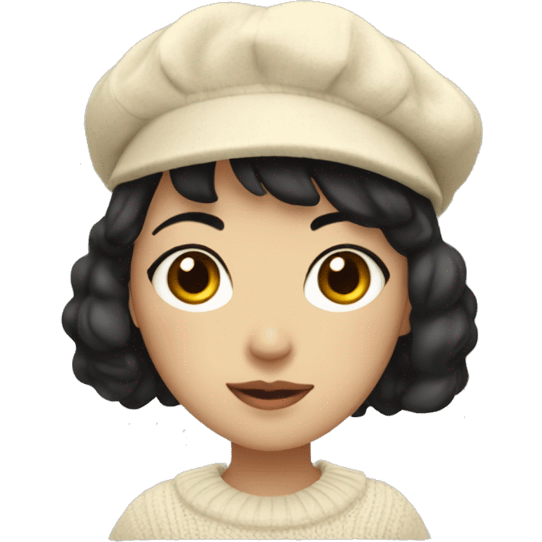 korean girl short black hair sharp jawline, wearing a cream sweater and beret emoji