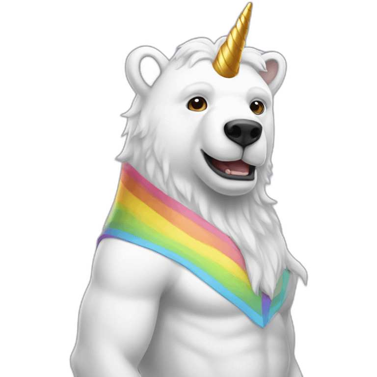 a white bear with half horse half human body wearing a rainbow unicorn horn emoji