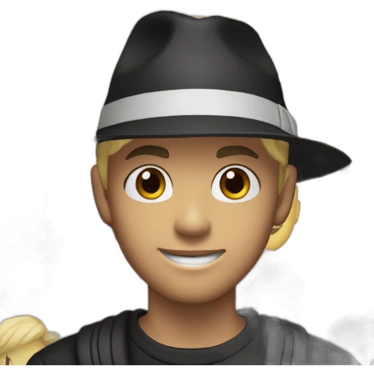 Neutral smile white teenager, with short blond hair wearing a black fedora hat, and a black adidas long sleeve sweater emoji